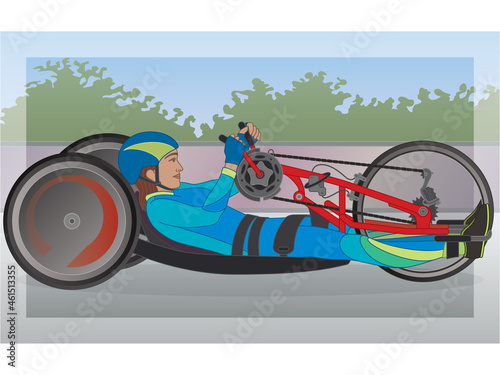 para sports paralympic handcycling H1-4, physical disabled female athlete amputee cyclist, reclined position with outdoor background