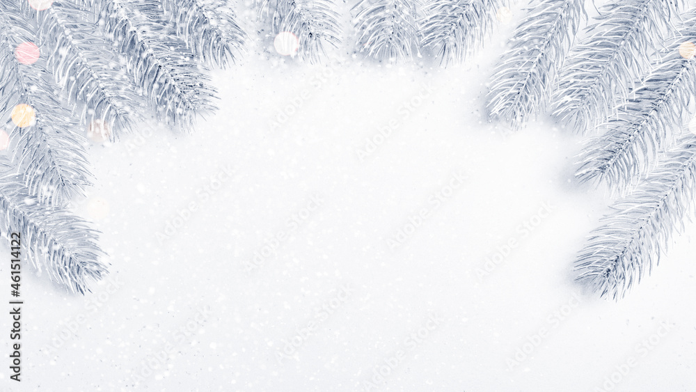 White Christmas banner with frosted Christmas tree