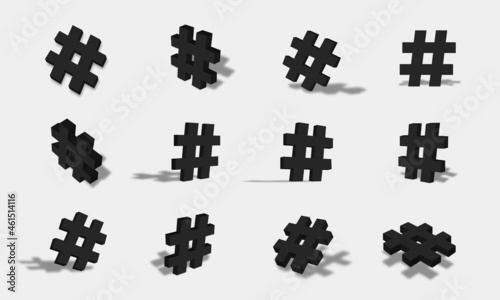 Black 3d hashtag icon illustration with different views and angles
