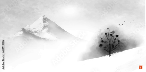 Winter  landscape with tree on mountain slope and far misty mountains. Traditional oriental ink painting sumi-e, u-sin, go-hua. Translation of hieroglyph - eternity.