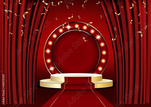 The red curtains are the porters of the theater stage, and the golden podium has three steps.