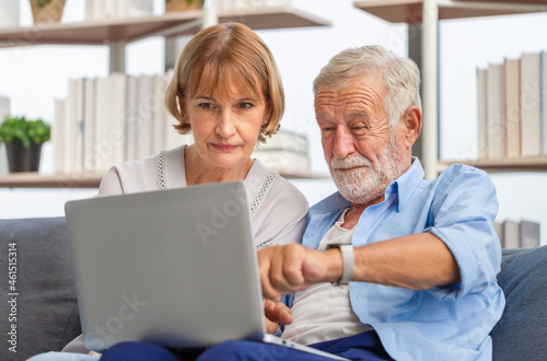 Portrait of happy senior couple in living room, Elderly woman and a man using computer laptop on cozy sofa at home, Happy family concepts