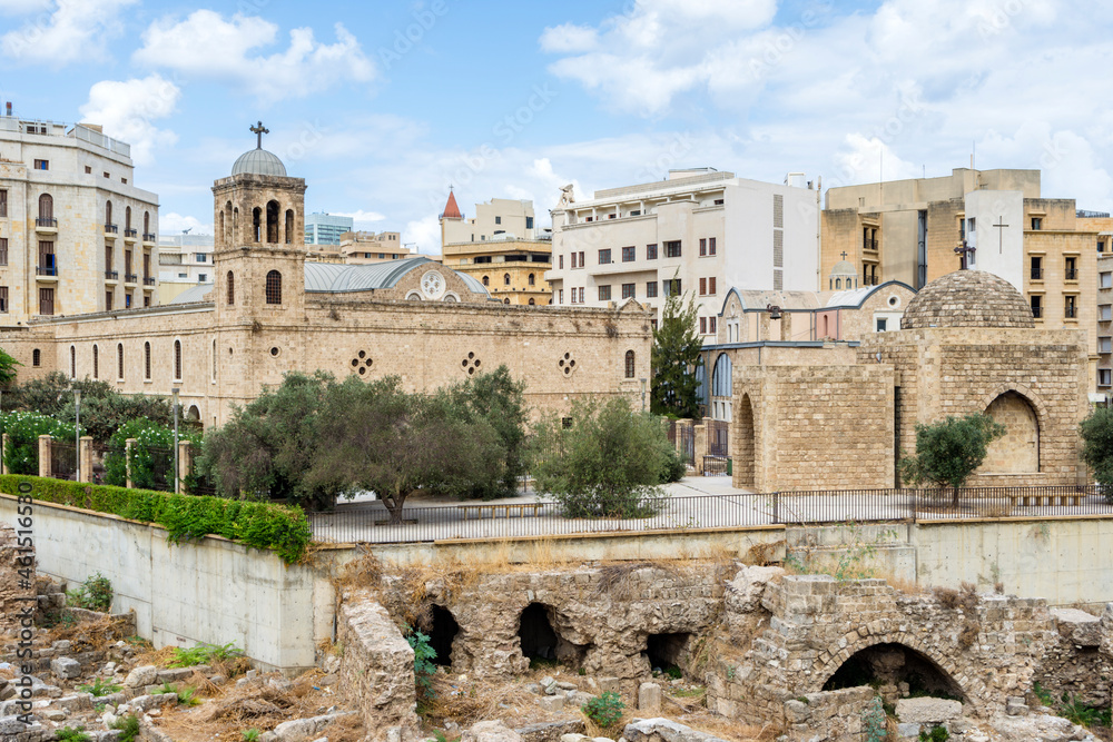 Roman ruins and Saint Georges Orthodox Cathedral, Beirut, Lebanon