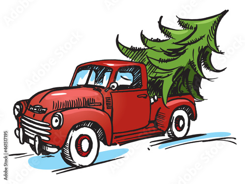 Christmas Truck & Tree. Vintage Silhouette Red Truck. Winter Vector. Merry Christmas. Christmas Tree on retro Truck. Clipart