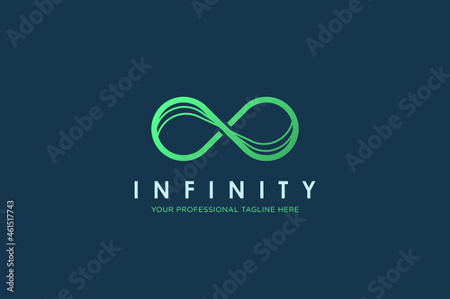 Simple Infinity Logo. Green Line Waves Infinite Symbol isolated on Blue Background. Flat Vector Design Template Element for Branding Business and Technology Logos.