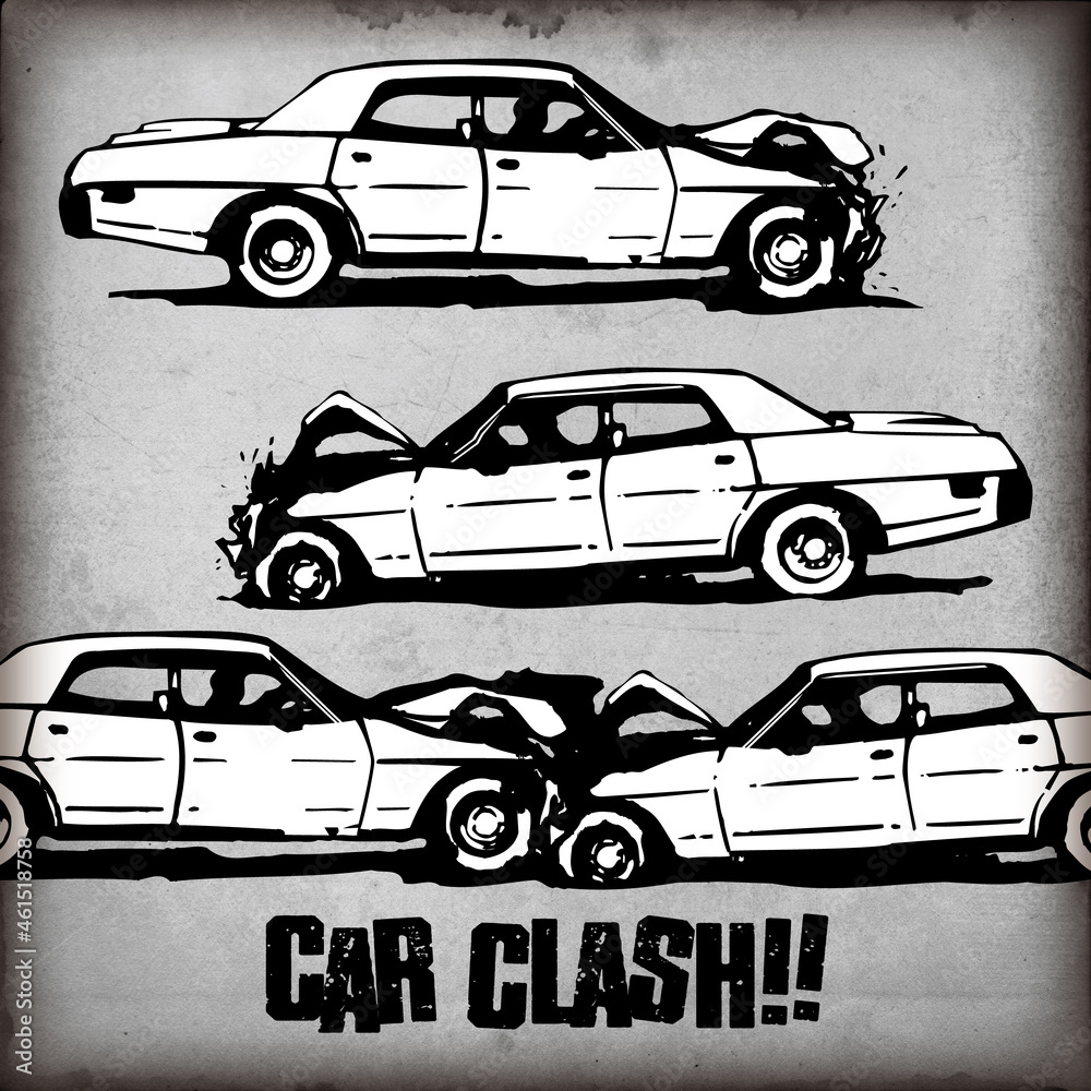 ぶつかるレトロな車のモノクロベクターイラスト素材/ Black vector car crashes and car accident - Side View ぶつかるレトロな車のモノクロベクターイラスト素材/ Black vector car crashes and car accident - Side View