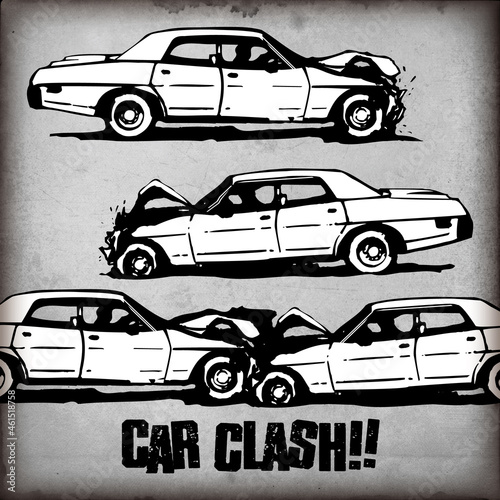 ぶつかるレトロな車のモノクロベクターイラスト素材/ Black vector car crashes and car accident - Side View