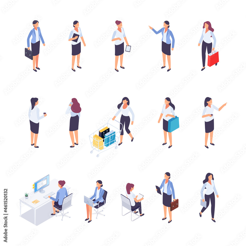 Set of isometric people. 3d women in different poses. Office workers, buyers. Vector illustration.
