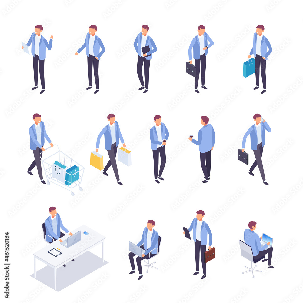 Set of isometric people. 3d men in different poses. Office workers, buyers. Vector illustration.