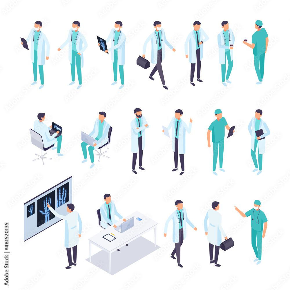 Isometric doctors set. 3d male doctors in different poses, therapist, radiologist, nurse. Isometric people in flat style. Vector illustration.