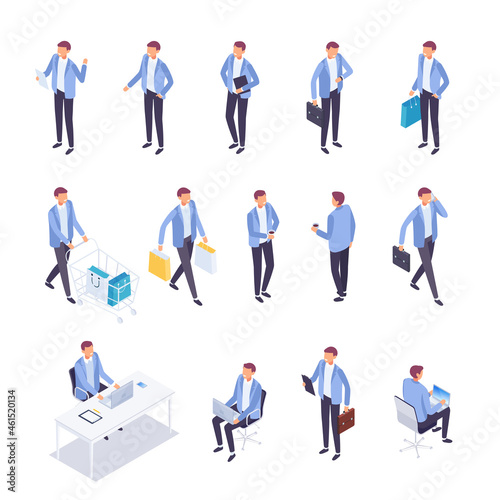 Set of isometric people. 3d men in different poses. Office workers, buyers. Vector illustration.
