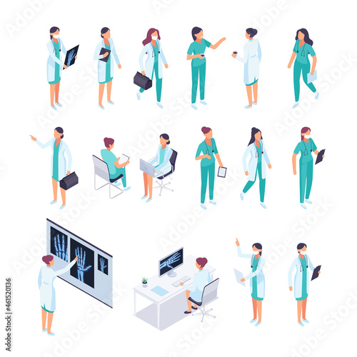 Isometric doctors set. 3d female doctors in different poses, therapist, radiologist, nurse. Isometric people in flat style. Vector illustration.