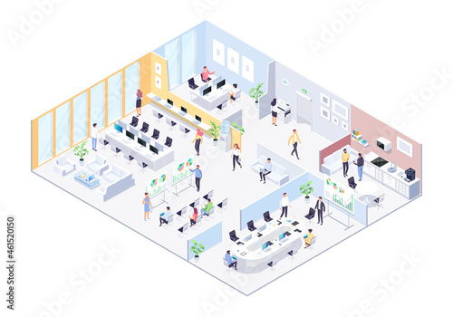 Coworking center isometric concept. 3d people, men and women, freelancers work in a coworking center. Vector illustration.