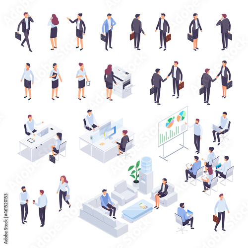 Set of isometric businessmen isolated on white background. 3d businessmen and business women, front and back view. Isometric people in business suits in different poses. Vector illustration.