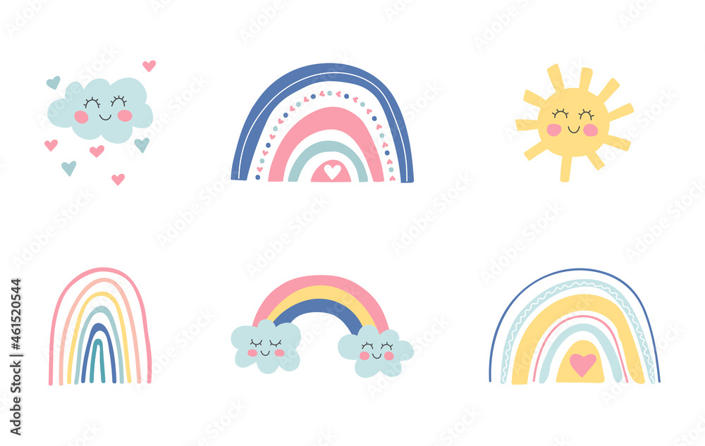 Fototapeta Cute kids nursery collection. Hand drawn rainbows, sun, funny clouds, stars, hearts. Sky background. Baby shower. Lovely cartoon rainbows for wallpaper fabric wrapping apparel. Vector illustration