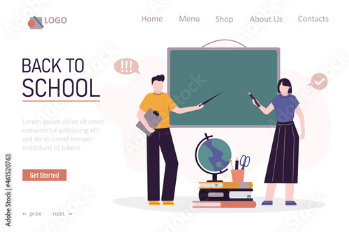 Back to school. Teachers near deskboard. Tutors announce about starting new school year. Studying and learning in class. Concept of education and knowledge