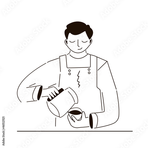 Male barista prepares and pouring cappuccino. Coffee time and take away concept. Man preparing and serving types of coffee. Guy making cup of hot drink