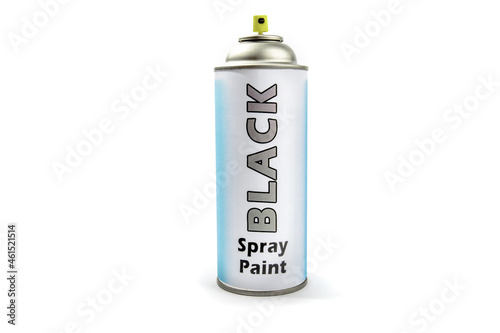 an aerosol spray can of black paint with a generic, fake label isolated on white
