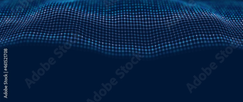 Wave of blue particles. Abstract technology flow background. Sound mesh pattern or grid landscape. Digital data structure consist dot elements. Future vector illustration.