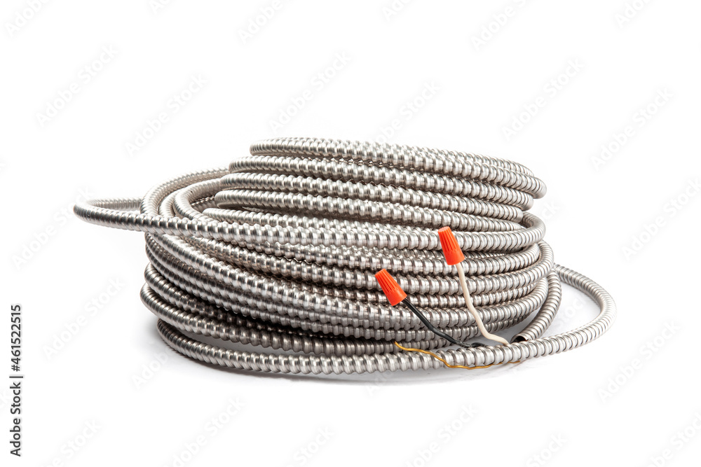 a roll of armored electrical cable with wire nuts on the exposed conductors isolated on white
a roll of armored electrical cable with wire nuts on the exposed conductors isolated on white