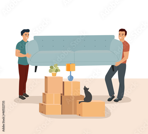 Two men are carrying a sofa. Moving boxes in new house. Vector illustration.