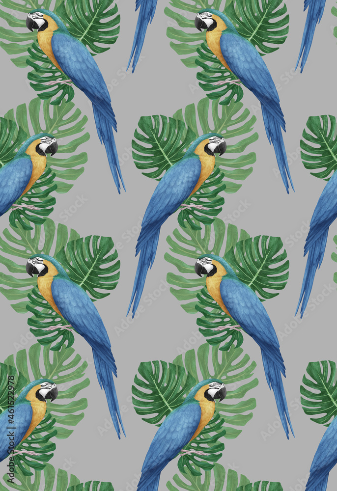 Seamless Pattern with hand-drawn Parrot and palm leaves, digitally colored