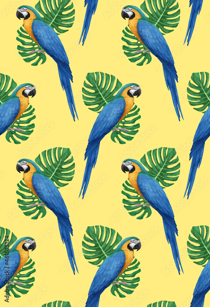 Naklejka premium Seamless Pattern with hand-drawn Parrot and palm leaves, digitally colored