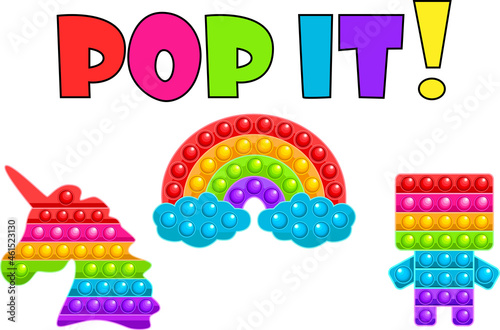 Fashionable anti-stress sensory toys, made in a flat style, isolated on a white background. The colors of the rainbow. Pop it. Simple Dimple. photo