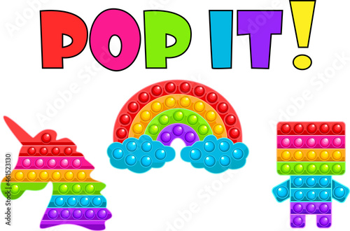 Fashionable anti-stress sensory toys, made in a flat style, isolated on a white background. The colors of the rainbow. Pop it. Simple Dimple.