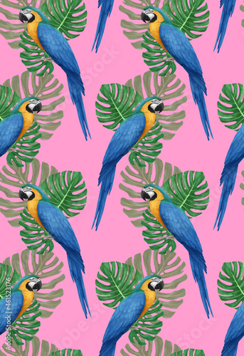Seamless Pattern with hand-drawn Parrot and palm leaves  digitally colored