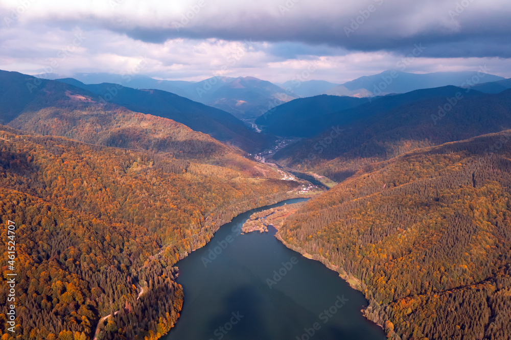 Aerial view on lake with turquoise water in Carpathian Mountains. Autumn forest with orange trees on coast. Tereblia-Ritske Reservoir (Vilshanske) on Tereblia river, Transcarpathian region, Ukraine