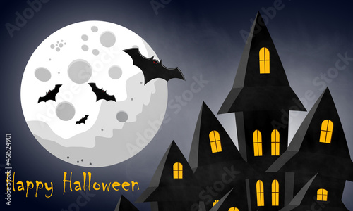 Happy Halloween, creepy castle on the background of the night sky and the glowing moon with bats, the background for your design in vector