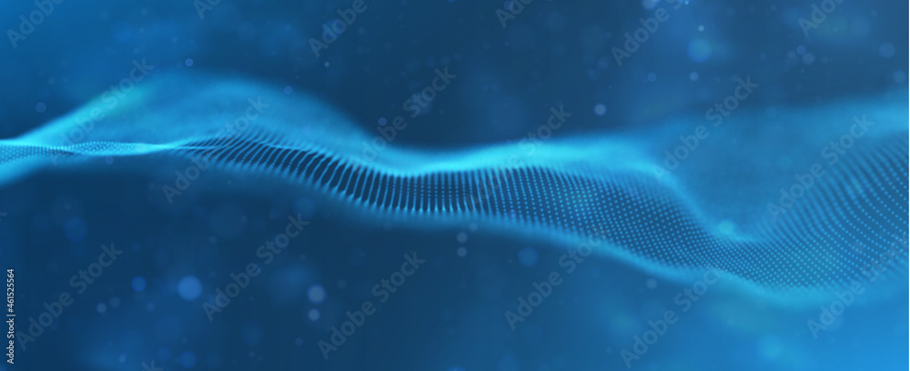 Dynamic blue particle wave. Abstract sound visualization. Flow digital structure. Mesh landscape or grid data technology.