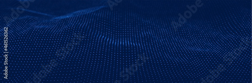 Dynamic blue particle wave. Abstract sound visualization. Flow digital structure. Mesh landscape or grid data technology.
