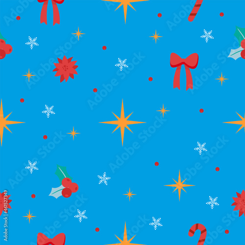 Christmas pattern with stars, snowflakes, Christmas, bows. Vector graphics