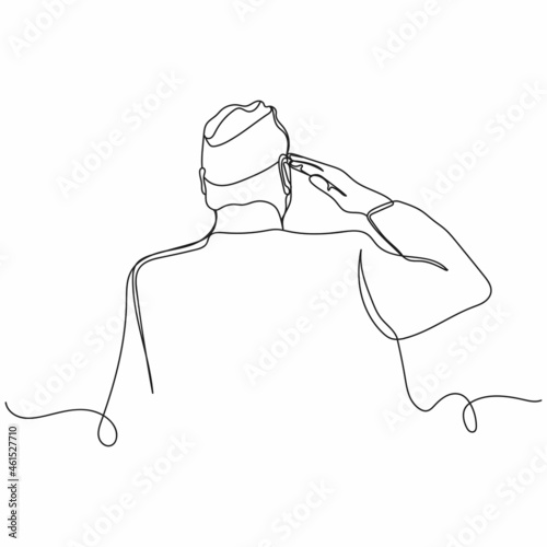 Continuous one line drawing of soldier and veteran saluting at memorial day  icon in silhouette on a white background. Linear stylized.