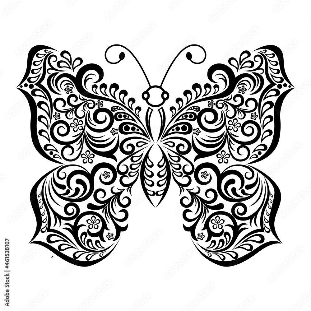 Black and white graphics, decorative butterfly isolated on white background. Vector illustration for a tattoo, invitations, cards, and other goals of the design. Black and white graphics, decorative butterfly isolated on white background. Vector illustration for a tattoo, invitations, cards, and other goals of the design.