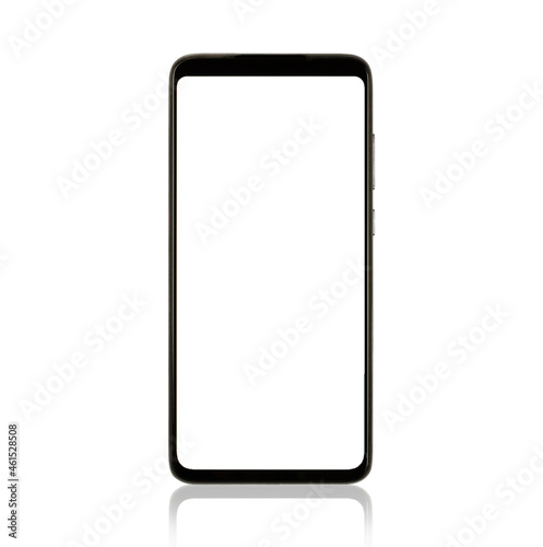 Smartphone isolated on white background. Mobile phone with blank white screen, mock up