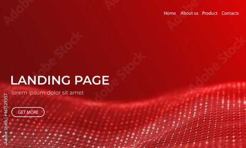 Abstract landing page background with red particles. Flow wave with dot landscape. Digital data structure. Future mesh or sound grid. Pattern point visualization. Technology vector illustration.
