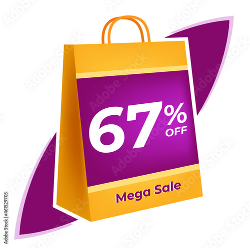 67 percent off. 3D Yellow shopping bag concept in white background.