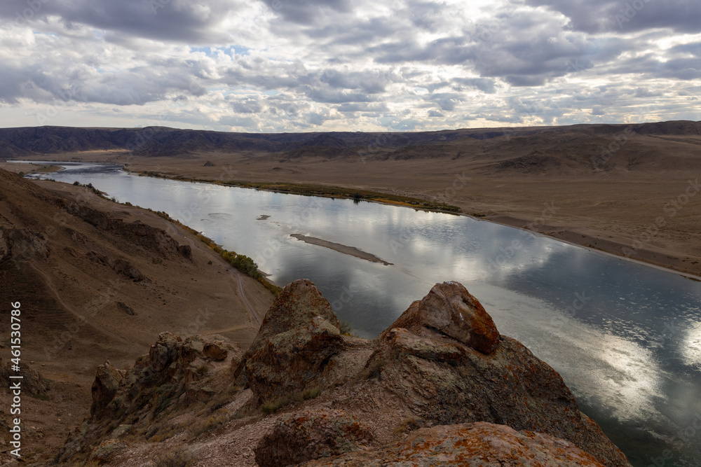 The part of the Ili River that situated in Southeastern Kazakhstan. Gorge Tamgaly, Almaty Region in Kazakhstan.