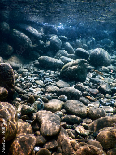 Rocks underwater on riverbed, rivers freshwater underwater, crystal clear water