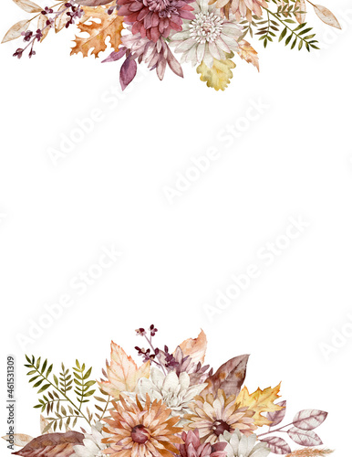Watercolor fall borders. Autumn crimson  white and orange asters. Fall flowers frame. Autumn floral template.