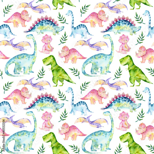 Watercolor baby dinosaur seamless pattern. Dino baby shower background.  Jungle hand-drawn T-rex   stegosaurus  brachiosaurus