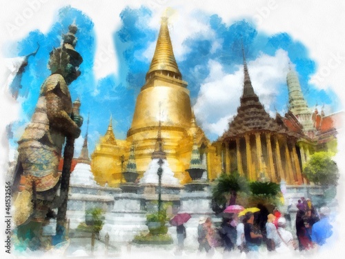 Bangkok Grand Palace watercolor style illustration impressionist painting.