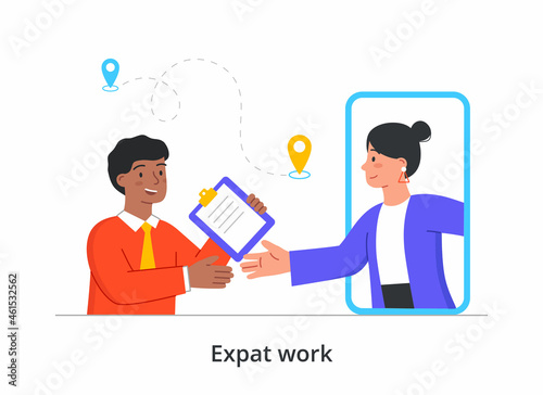 Concept of expat work. Equality, work for everyone. International staff delivering goods. Transfer of documents, teamwork, workflow. Cartoon flat vector illustration isolated on white background