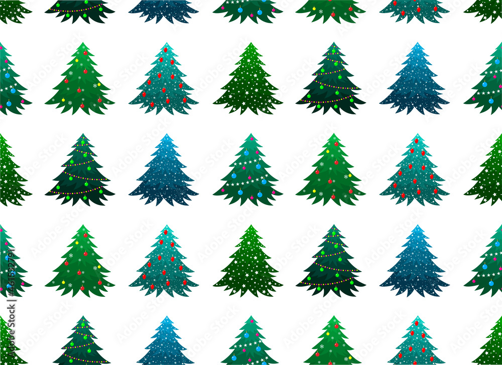 Decorated Christmas trees vector seamless pattern. Green spruce seamless background.