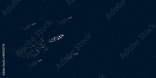 A feather symbol filled with dots flies through the stars leaving a trail behind. Four small symbols around. Empty space for text on the right. Vector illustration on dark blue background with stars