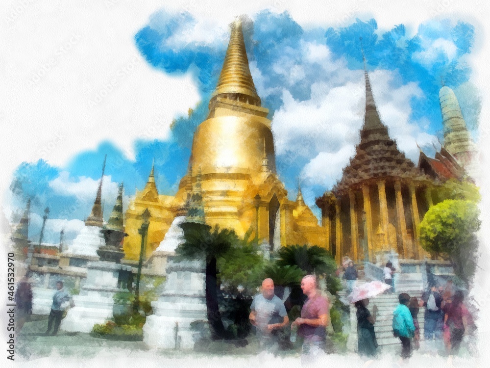 Fototapeta premium Bangkok Grand Palace watercolor style illustration impressionist painting.