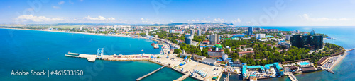 Wonderful panorama of the city of the resort of Anapa and the beaches in the city limits, a view from a drone from the sea.